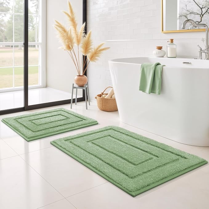 GRANNY SAYS Green Bathroom Rugs Set 2 Piece, Non Slip Microfiber Bath Mats | Soft microfiber with TPR backing, fast water absorption, machine washable 2 piece bath rug set for Tub, Shower, Toilet