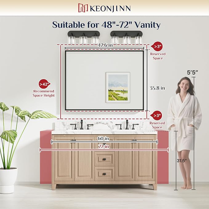 Keonjinn 48 x 36 Inch Black Bathroom Mirrors for Over Sink, Metal Frame | Rectangular Mirrors for Wall, Beveled Framed Design, Rustic Bathroom Vanity Mirror, Safety HD Tempered Glass, Square Corner