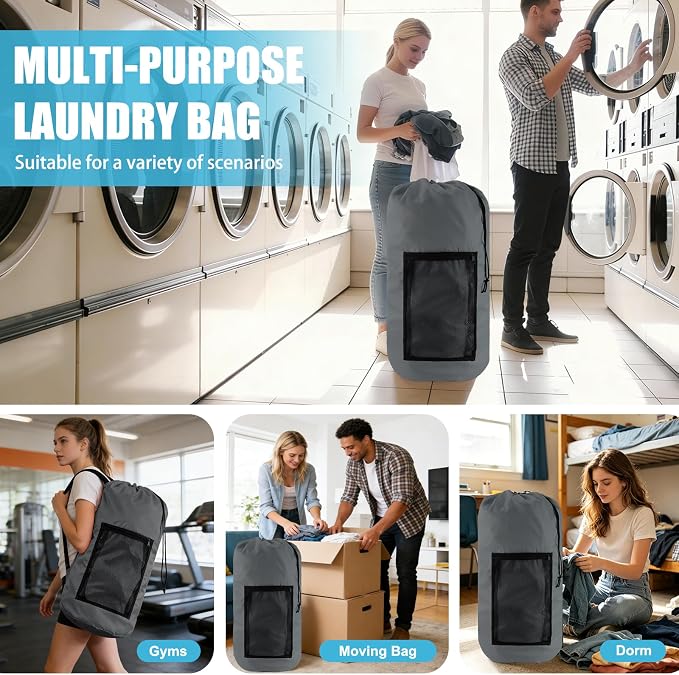 Olosar Laundry Bag Backpack, 2PCS Extra Large Travel Laundry Bag with Mesh Pocket & Adjustable Shoulder Straps,Dirty Clothes Travel Bag for College Students Dorm,Apartment(Grey)