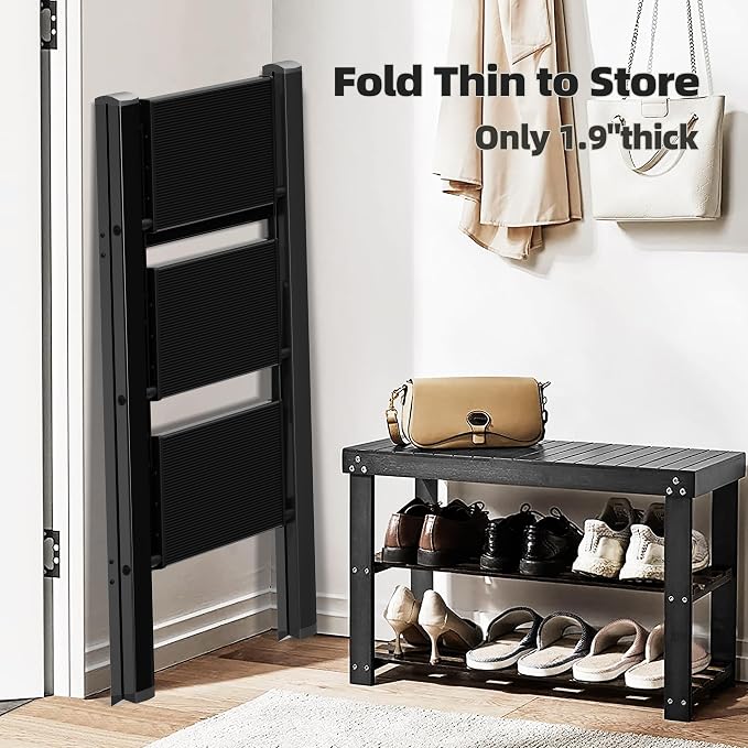 HillhutApex Aluminum Step Stool Foldable,3 Step Ladder (Black) | Lightweight Portable step ladder with Anti-Slip Wide Pedal,330lbs Capacity Ladder for Household,Office,Kitchen