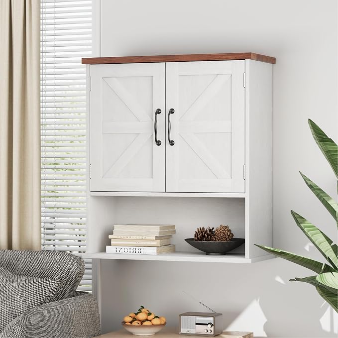 Smuxee Farmhouse Bathroom Cabinet Wall Mounted, White Small Medicine Cabinet with Adjustable Shelf, Bathroom Cabinet for Living Room, Laundry Room
