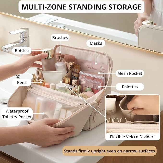 tianzong Travel Makeup Bag with Magnetic Fold-Down Flap, Waterproof Leather Cosmetic and Toiletry Organizer for Women, Multi-Zone Standing Storage, Cream, X-Large