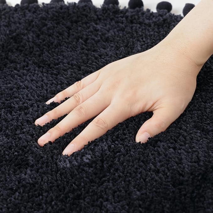 YIRDDEO Oval Rug for Bathroom, Cute Boho Bath Mat with Pom, Black | Soft Plush, Absorbent, Quick Dry, Machine Washable, Non Slip Bath Mat for Bathroom Shower Floor Home Decor