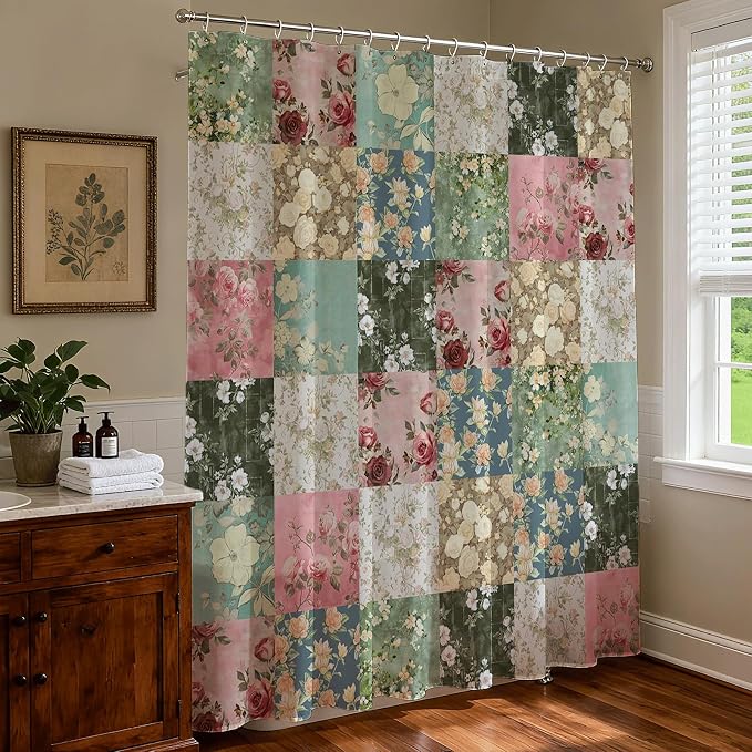 Shower Curtains for Bathroom, Boho Shower Curtain, Vintage Green Boho Floral Bathroom Decor Bath Curtain, Mid Century Waterproof Retro Farmhouse Patchwork Floral Shower Curtain, 72 X 72 Inches