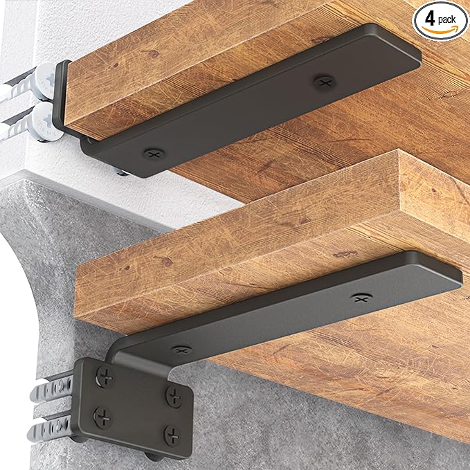 Goovilla Shelf Bracket, Floating Shelf Brackets 12 inch Long, 4 Pack, Black | Heavy Duty Brackets for Shelves, Black Coated Metal Wall Shelf Support Brackets with 1/5 Inch Thick and 160 lb. Load Capacity