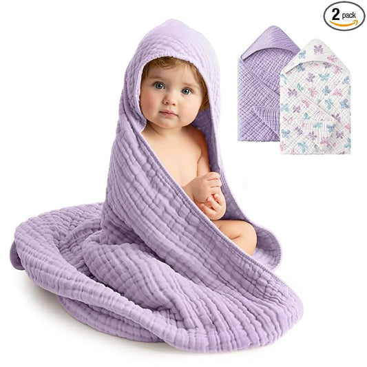 Baby Bath Towels, 100% Muslin Cotton Hooded Baby Towels for Newborn, 2 Pack Baby Towels with Hood for Infant Toddler and Kids, Large 32x32Inch Bath Essentials, Soft and Absorbent