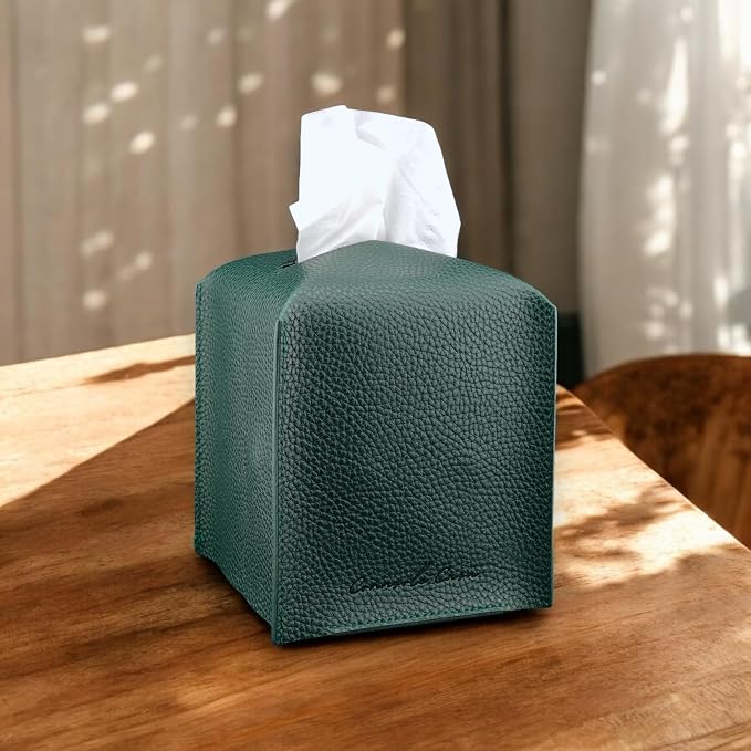 Premium PU Leather Tissue Box Holder - Elegant Hotel-Style Tissue Box Cover for Home, Office & Car Décor, Tissues Cube Organizer for a Natural & Classic Look (Dark-Green 2 Pack)