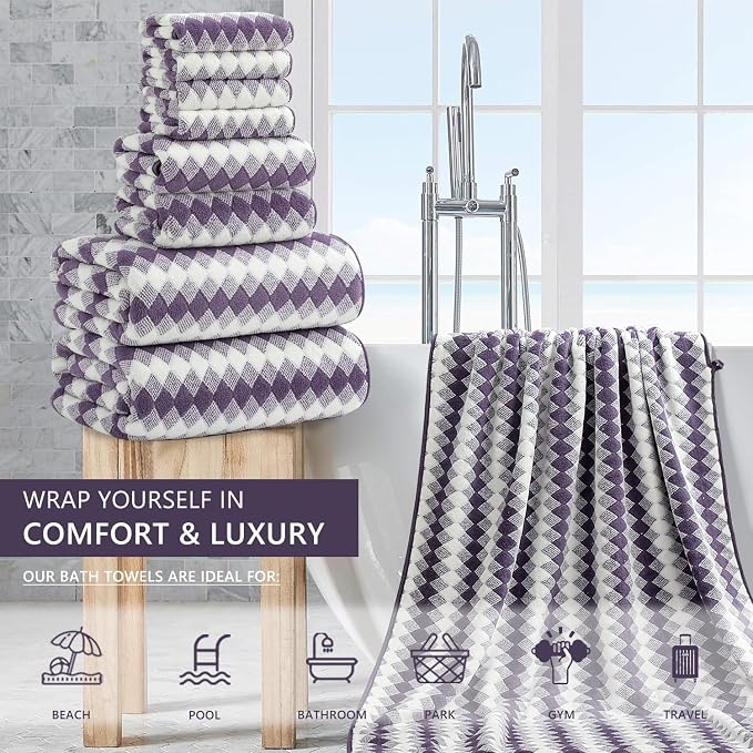 8 Piece Bathroom Towel Set |2 Oversized Bath Towels,2 Hand Towels,4 Washcloths| 600GSM Soft Hotel Towel Set Extra Large Bath Sheet for Bathroom,Highly Absorbent Quick Dry Bath Towel Collections,Plum