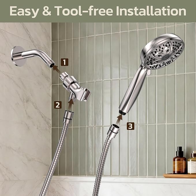 JDO Handheld Shower Head, 6 Spray Settings, Brushed Nickel Finish | High-pressure flow, detachable design, stainless steel hose & bracket, universal bathroom connection