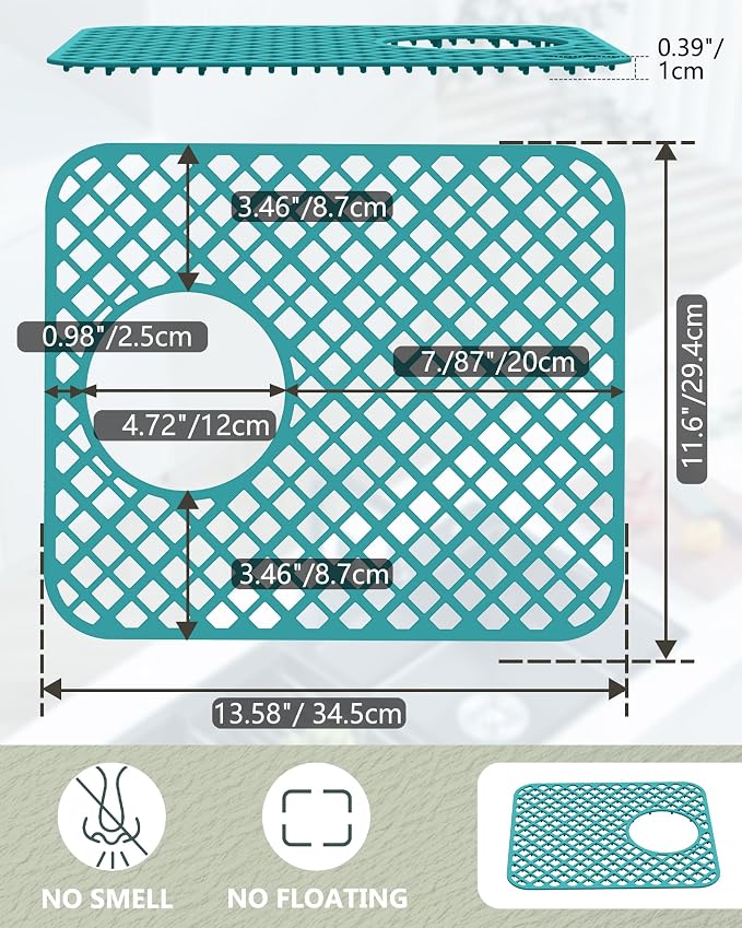 2 Pack Silicone Sink Protectors for Kitchen Sink, Trellis 13x11 Green | Heat-resistant Non-Slip and Durable Silicone Grid Mat, 13-9/16" x 11-5/8" Rear Drain