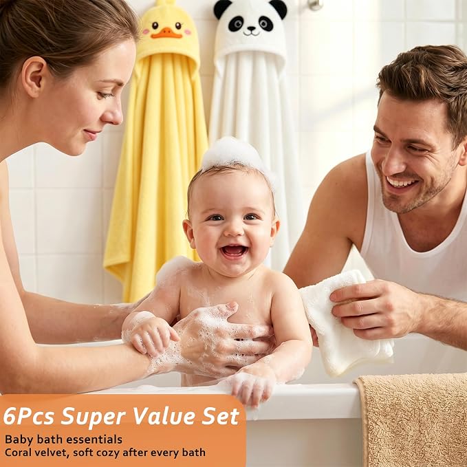 6 PCS Toddler Towels Set for Boy Girl 0-5 Year Essentials, Yellow & White | Large Size 55"x27.5", 2 PCS Hooded Baby Bath Towels & 4 PCS Washcloths, Ultra Soft, Thick and Absorbent, Newborn Essentials