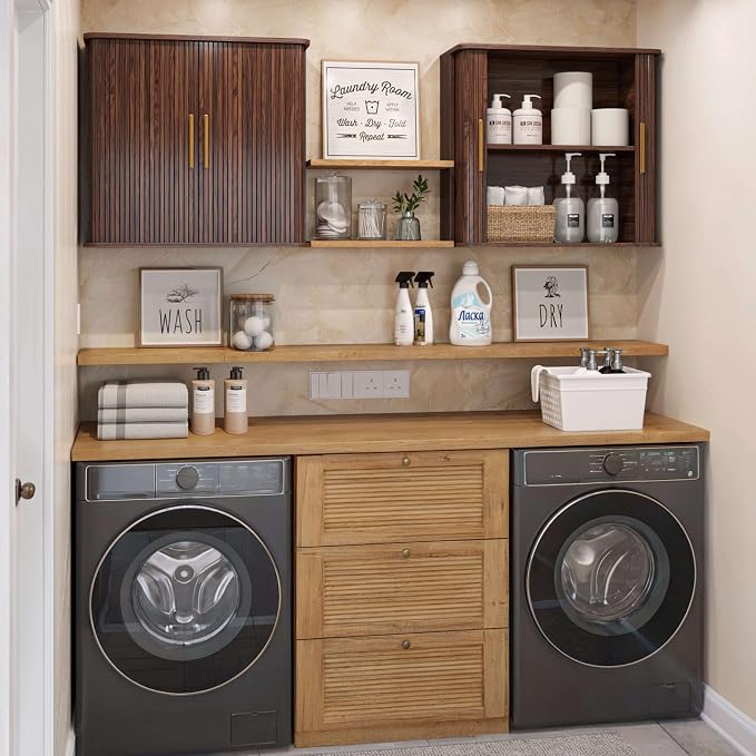 FIMELLO 29.5" W Bathroom Wall Cabinet, Laundry Room Cabinets Wall Mounted with Sliding Tambour Door, Kitchen Wall Cabinet, Floating Cabinet for Wall, Upper Cabinets, Brown Walnut