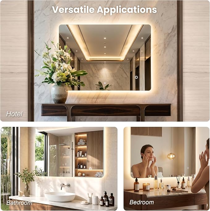 30"x48" Frameless LED Backlit Bathroom Mirror Dimmable | 3 Colors Temperature, HD Tempered Glass, High Lumen, Touch Control, Horizontal/Vertical for Bathroom, Closet, Vanity