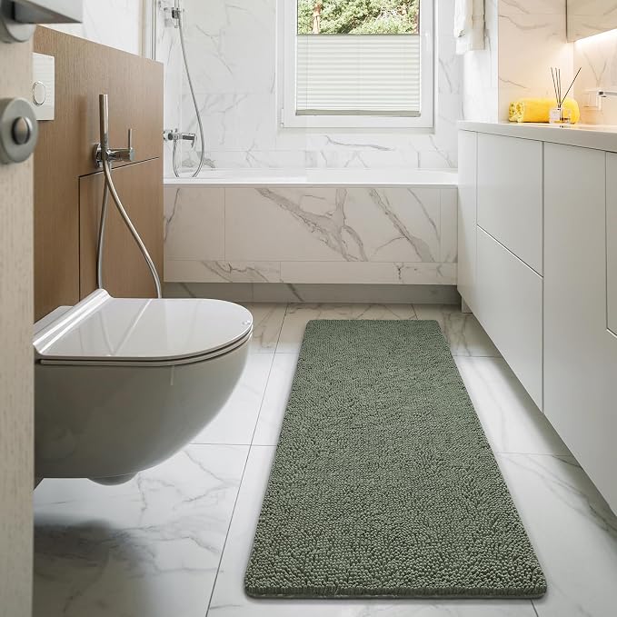 LOCHAS Luxury Bathroom Rug Shaggy Bath Mat 24 x 54 Inch, Sage Green | Washable Non Slip Bath Rugs for Bathroom Shower, Soft Plush Chenille Absorbent Carpets