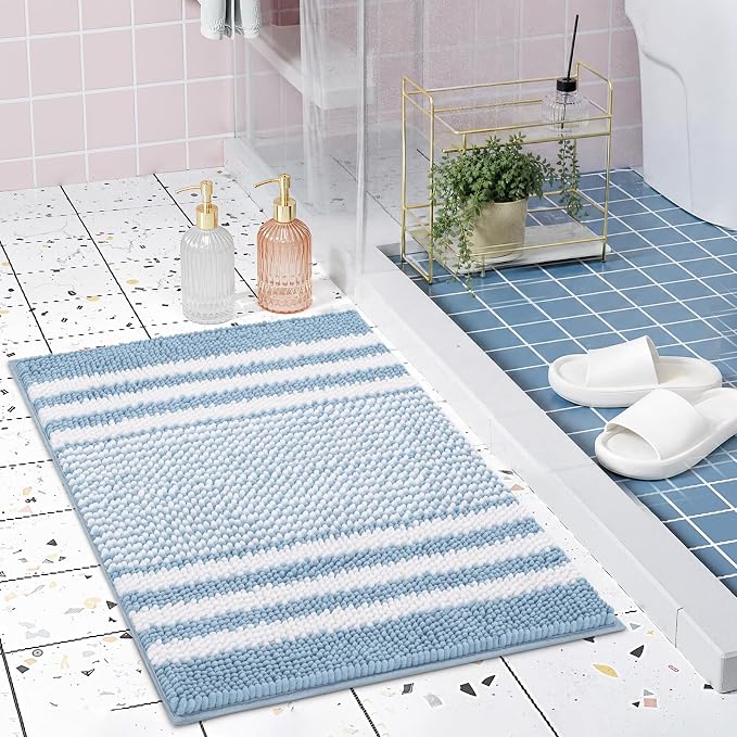 Bathroom Rugs, 30x20 Inch Extra Soft Absorbent Shaggy Chenille Bath Rugs, Non Slip Backing Quick Dry Machine Washable Modern Bath Mat for Bathroom Floor, Home Decor Accessories,Light Blue