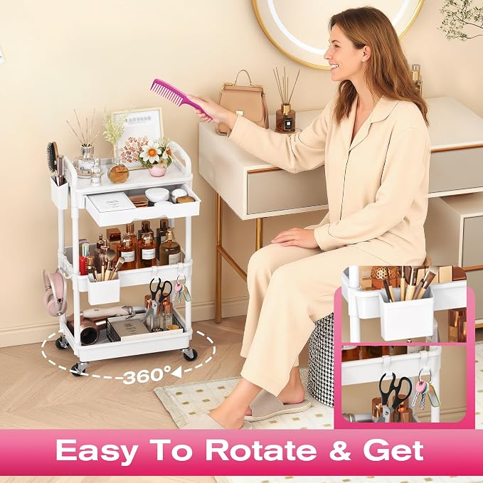 Goovilla Rolling Makeup Organizer Cart with Removable Drawer, 3 Tier White | Stable Floor Skincare Storage Cart for Vanity, Cosmetic Display, Nail Polish, Perfume, Hair Stuff, Beauty, Bathroom(Plastic)