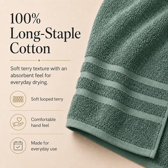 Velqora Bath Towels, 2 Pack, 30x60 in, 100% Cotton, Soft, Sage Green | Absorbent Terry | Balanced Weight | Easy Care