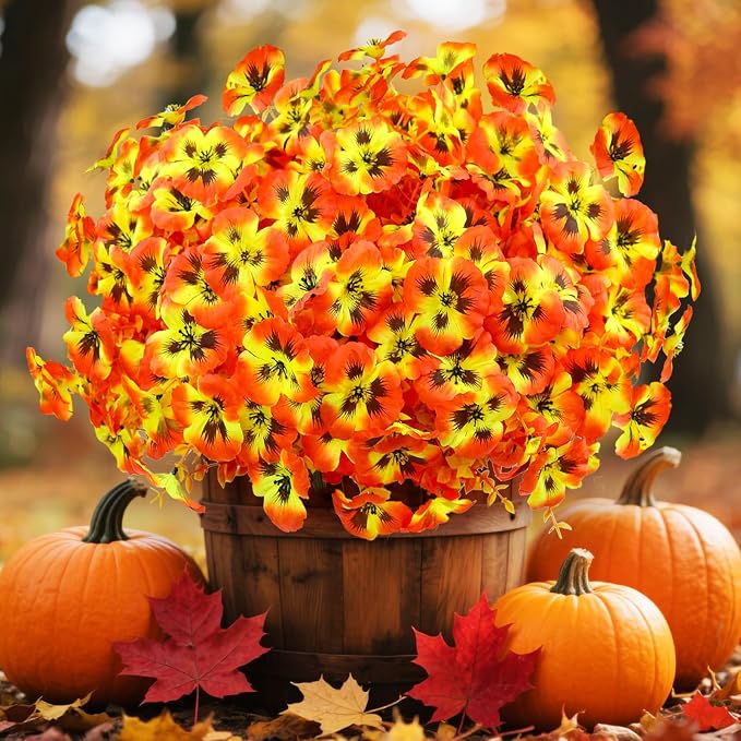 16PCS Artifcial Fall Flowers for Outdoors, No Fade Silk Pansies | Realistic Sunset Autumn Artificial Flowers, Porch Yard Fall Decor, Thanksgiving & Harvest Home Decorations