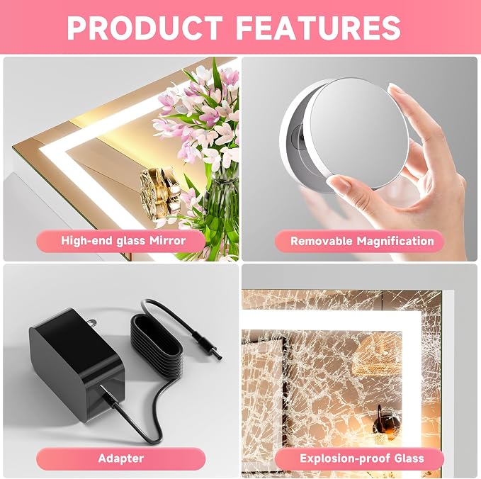 Vanity Mirror with Lights, 28" x 20" LED Makeup Mirror with 10X Magnification, Dimmable 3 Modes, Memory Function, Smart Touch, USB Charging Port, Lighted Makeup Mirror Square White