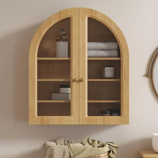 Arched Wall Cabinet, Large Bathroom Medicine Wall Mounted Cupboard, Farmhouse Floating Storage Cabinet with Acrylic Door Adjustable Shelf, Wood Organizer (Natural Oak)