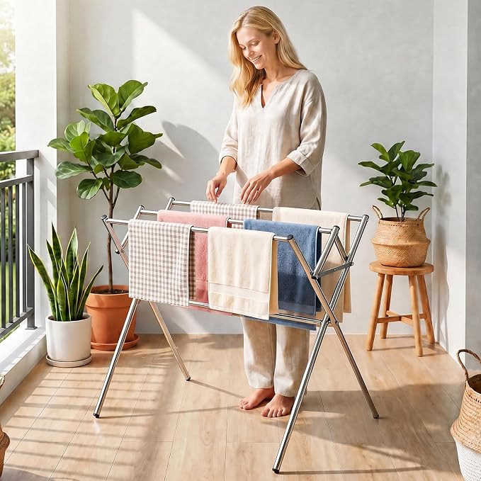Drying Rack for Clothes, Compact 4 Drying Poles Foldable Laundry Rack, Stainless Steel Portable Clothes Airer for Towels, Baby Clothes, Bibs & Swimsuits, for Balcony & Laundry Room Use, Silver
