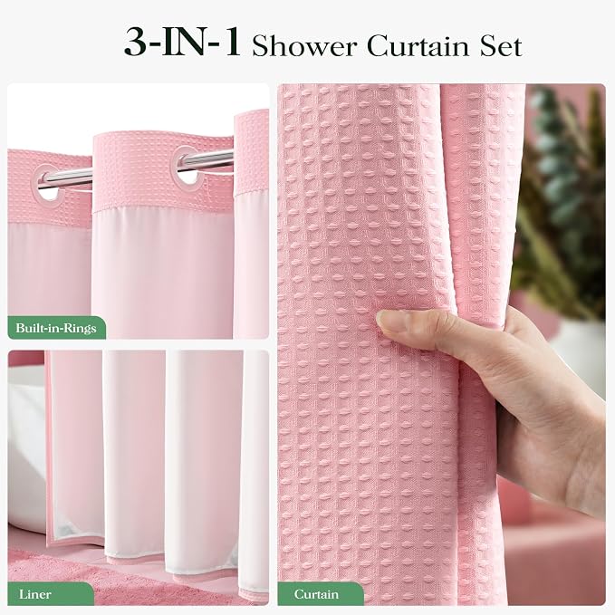 Pink Hook Free Waffle Shower Curtain & Snap-in Fabric Liner,72x87 | Less Time to install, 3 in 1 Fabric Shower Curtain and Liner Set with Magnets, Extra Long, Shower Curtains for Bathroom