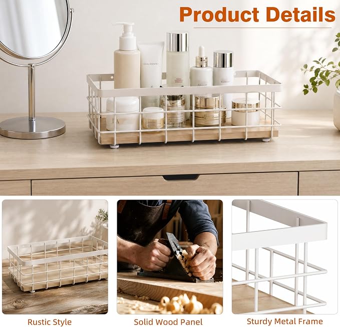 TJ.MOREE Small Metal Wire Basket, Decorative Wood Base Organizer for Bathroom, Kitchen, Basket for Toilet Paper Storage, Sugar Packet, Coffee Syrup, Guest Towel Napkin, White 2-Pack