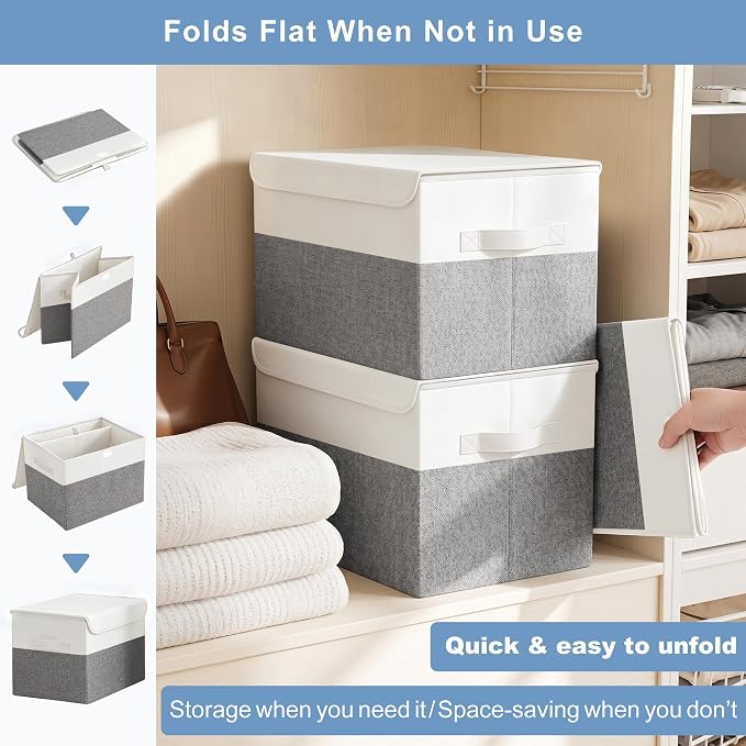 Large 17" 42 Quarts Collapsible Stackable Storage Bins with Lids [3-Pack] Foldable Fabric Linen Storage Boxes Cube, Closet Organizer Baskets with Label (16.7 x 12 x 12, Gray & White)
