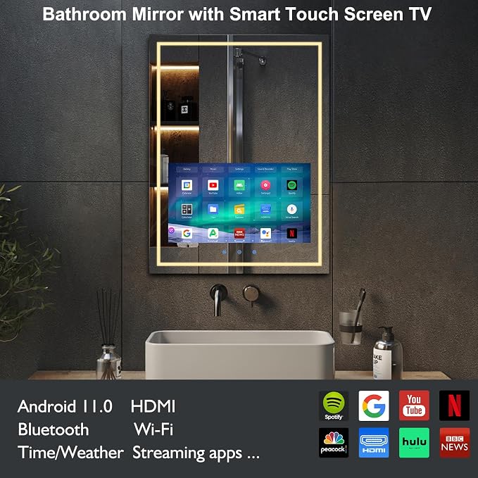 24x32 Inch LED Smart Bathroom Mirror with 21.5" Hidden Touchscreen System | Android 11,Anti-Fog,IP66 Waterproof,3-Color LED Light,Clock&Weather Display,Built-in Speaker,WiFi Bluetooth HDMI,Wall-Mounted