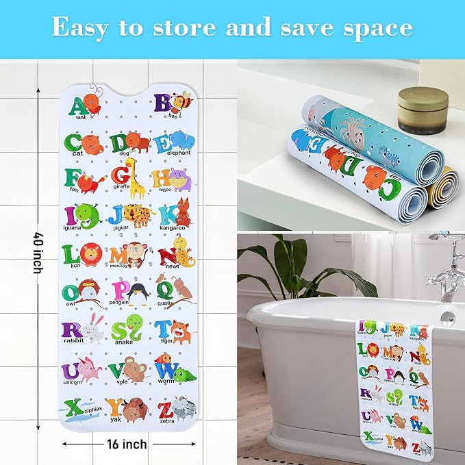 Secopad Bathtub Mat Non Slip, Cute Tub Mat, 40" x 16", Alphabet and Animals | Rectangular, Anti-Slip, Machine Washable, with Drain Holes and Suction Cups,For Bathtub and Shower Floor, for Toddler & Kids