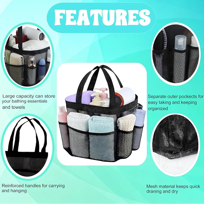 Mesh Shower Caddy Portable - 9 Pockets, Shower Bag for Dorm Room Camping | 2 Handle Quick Dry Shower Bag College Dorm Room Essentials Large Capacity Hanging Basket for Bathroom Travel Swimming Gym