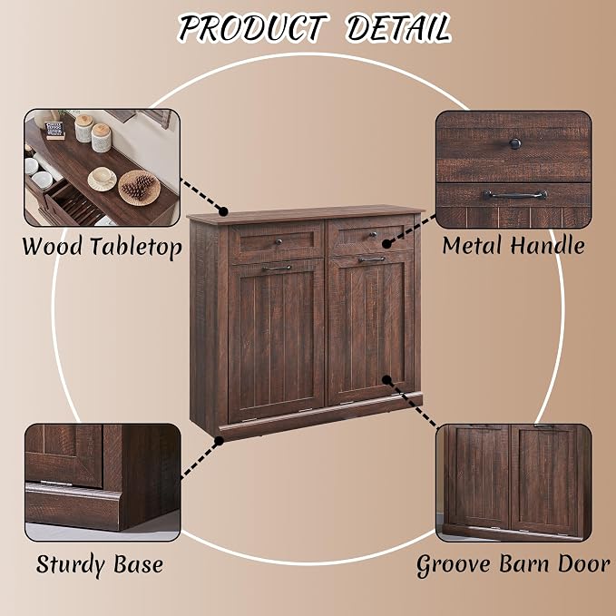 IFBUY Double Tilt Out Laundry Hamper Cabinet, Trash Cabinet, Brown | 20 Gallon Farmhouse Trash Cabinet w/Drawers, Hidden Wood Garbage Can Cabinets w/Laundry Storage Basket for Bathroom, Kitchen