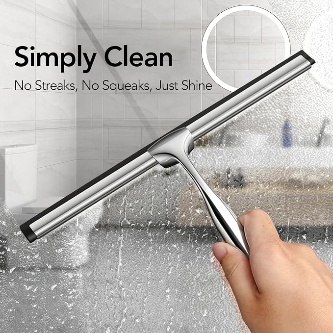 Shower Squeegee for Shower Glass Door with Adhesive Hook | Stainless Steel Squeegee for Shower Glass, Window Squeegee for Cleaning Tile Wall, Mirror, Car(10", Silver)