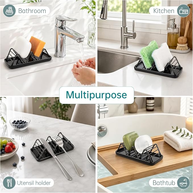 Stainless Steel Soap Dish Draining Soap Holder with Ceramic Tray, Black | Reversible Design Fits 2-3 Bars, Rustproof, Easy to Clean, Space Saving, Non Slip, for Bathroom, Shower, Kitchen