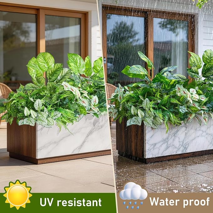 24 Bundles Artificial Plants Outdoor, UV Resistant Greenery | Large faux greenery stems for outside planters, porch, window box and patio garden decor. Maintenance free, pot not included.