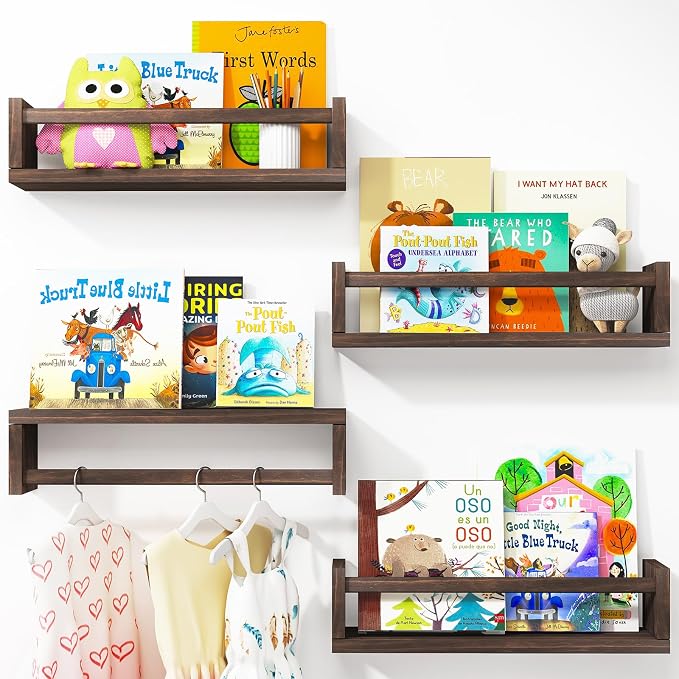 Fixwal Floating Nursery Book Shelves for Wall, 16.5in, Set of 4, Brown | Solid wood shelves store kids' books, toys and clothing. Fits kids' room, playroom, nursery, living room, bedroom & bathroom.