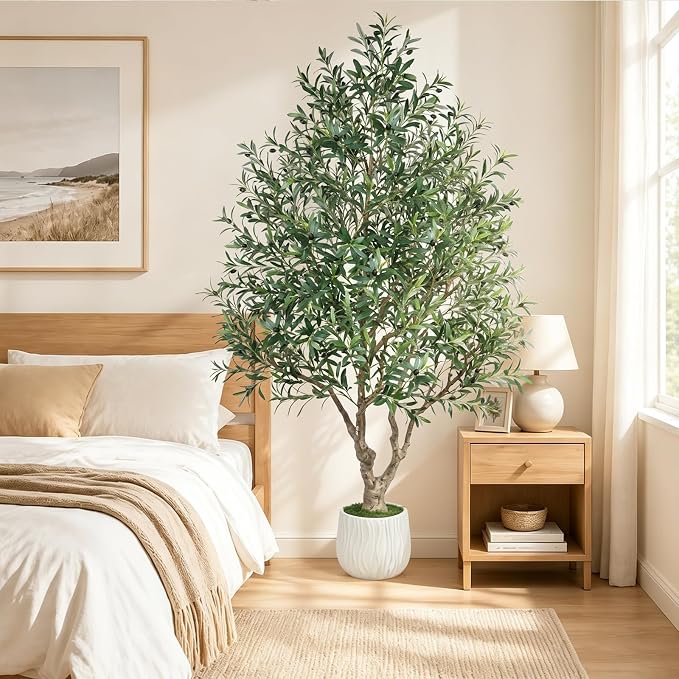 GTIDEA 8ft Artificial Olive Tree, Faux Olive Tree with White Planter | Lifelike Olive Foliage, Grand Complete Design Faux Olive Tree with Stable Solid Base for Living Room Office Indoor Home Decor