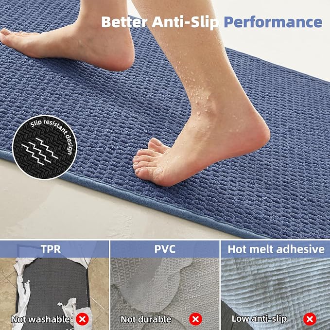 TYUU Bathroom Runner Rugs, Long Bath Mat Runner Washable Thin Quick Dry Low Pile Bathroom Runner Rugs Non Slip, Denim Blue 24"x70"
