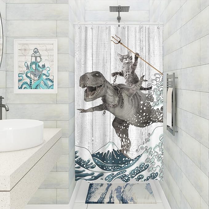 Fungarth Funny Cat Shower Curtain Dinosaur Ocean Sea Wave Shower Curtains for Bathroom Cool Waterproof Fabric Rustic Wooden Farmhouse Bath Curtain Decor (Gray1, 36” x 72”)