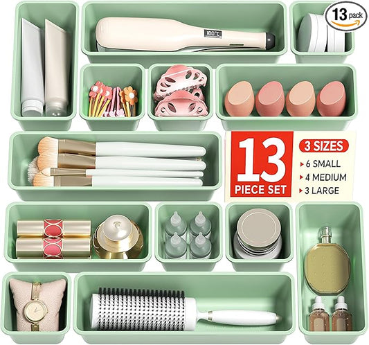 Canfanni 13 Pack Plastic Drawer Organizers Set, 3 Sizes Desk Drawer Organizer Trays for Vanity and Makeup Organizer, Organization and Storage for Makeup, Kitchen Utensils, Bathroom and Office(Green)