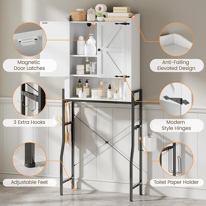 Over The Toilet Storage Cabinet with 2-Door & Metal Stand, White | Toilet Paper Holder, 3 Extra Hooks, Anti-Tipping Device, With Adjustable Shelves, for Bathroom, Restroom, Laundry