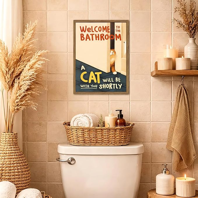 Funny Orange Cat Bathroom Wall Art Welcome to the Bathroom Sign Wall Decor Picture Cute Cat Animal Restroom Poster Canvas Prints 12X16 inch Wood Framed