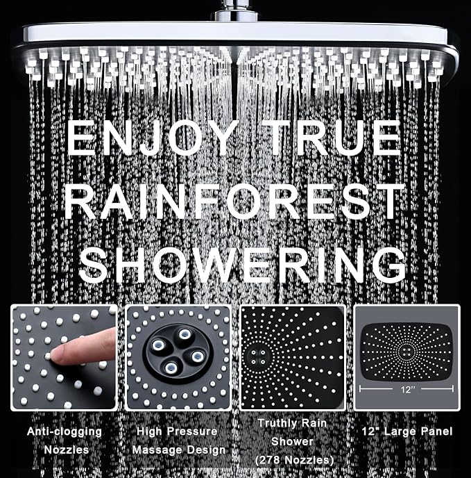 12" High Pressue Rain Shower Head with Handheld, 9 Sprays Hand Showerhead | Shower Heads with Handheld Spray Combo, Dual Head, Built-in Magnetic Docking, Power Jets, 59" Shower Hose, Chrome 1.75GPM