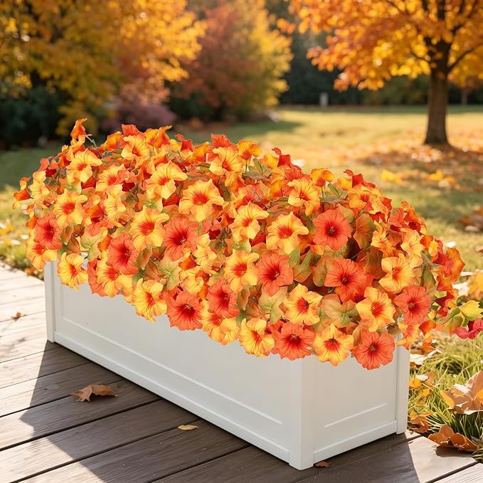 Artificial Fall Flowers for Outdoors, Faux Petunias Autumn Decoration, Fake Flowers Plants UV Resistant Look Real Silk Flowers for Outside Planter Front Door Porch Patio Yard (12, Orange-Yellow)