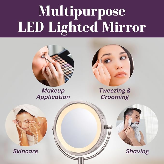 JERDON Lighted Wall-Mount Makeup Mirror - 8X - Nickel - HL88NL | 8.5" Round Frame, 13.5" Wall Arm, LED Lighting, Corded Plug-In Power