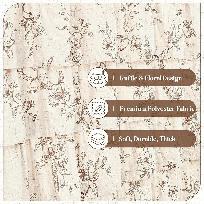 Yinhua Extra Long Farmhouse Ruffle Shower Curtain for Bathroom, 72" Wx84 L | Brown Floral Print, Ruflle Design, 12 Metal Hooks, Vintage Rustic Washable Waterproof Shower Curtain for Bathroom Bathtub
