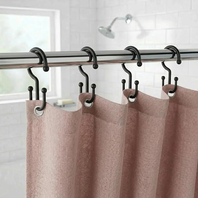 Bathway Black Plastic Double Shower Curtain Hooks, 12 Shower Curtain Rings | Hang Both Shower Curtain & Liner, Waterproof, Rust-proof, Sturdy, Durable, Flexible, Multifunctional, Universal, Easy to Use