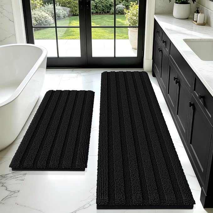 Striped Black Bathroom Rug Mat Set 2 piece 32"x20"+60"x20" Ultra Soft, Non Slip Chenille Bath Rugs, Absorbent Plush Shaggy Bath Mats for Bathroom, Bedroom, Kitchen, Shower, Tub