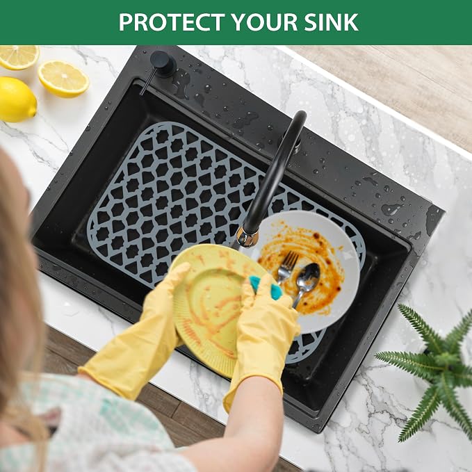 Silicone Sink Protector Mats for Multi-Size Kitchen Sink(25"x15.7") | Flexible and durable, heat-resistant, machine washable, non-slip, gray grid.