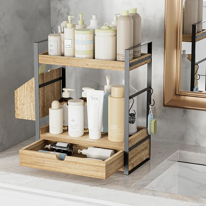 2-Tier Bathroom Counter Organizer, Wooden Vanity Shelf with Drawer & Basket | Pre-Drilled Holes, Skincare & Makeup Countertop Organizer and storage